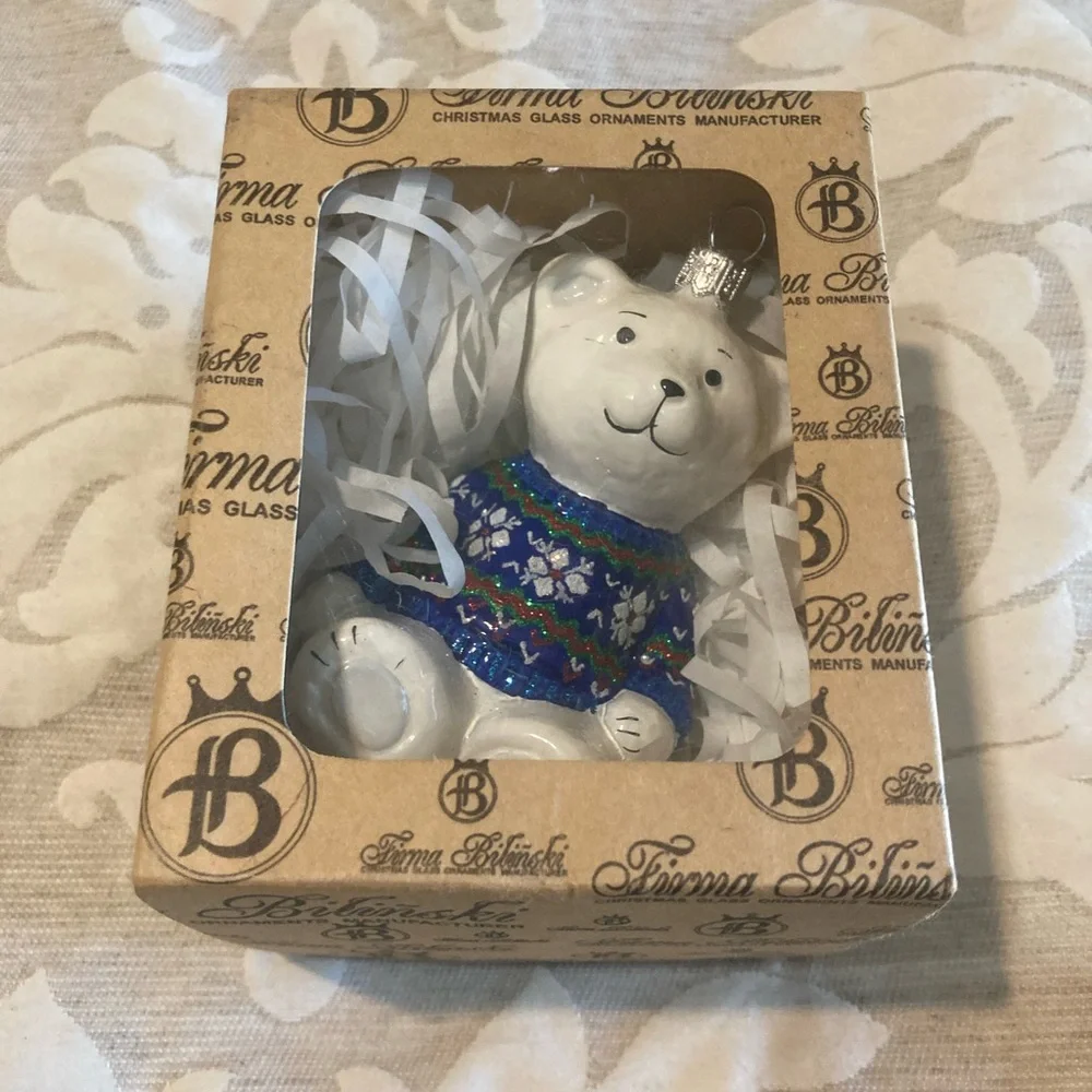 Firma Bilinski Collectable Blue and White Bear Ornament Polish Manufacturer